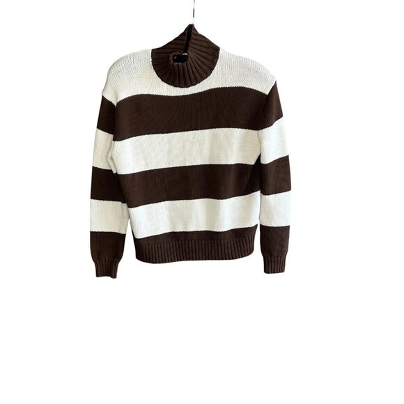 J. Crew Brown Rugby Stripe  Mockneck Sweater  Chunky Knit Size Small - Picture 1 of 5